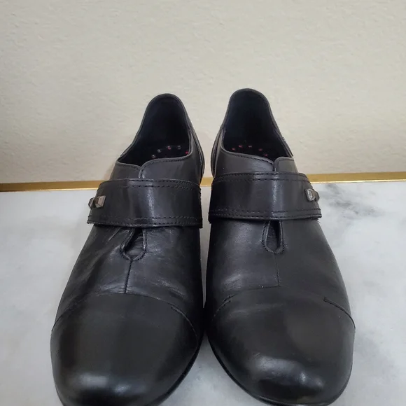 Mephisto Black Leather Round Toe Chunky Heel Velcro Strap Women's Shoe 5 1/2 8 - Picture 4 of 15